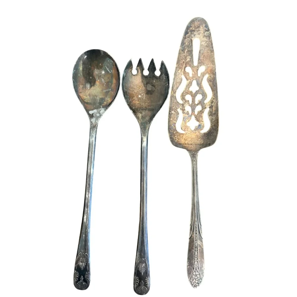 Vintage Silver Plated Serving Set Spoon Fork Pierced Cake Server 3 Piece Patina
